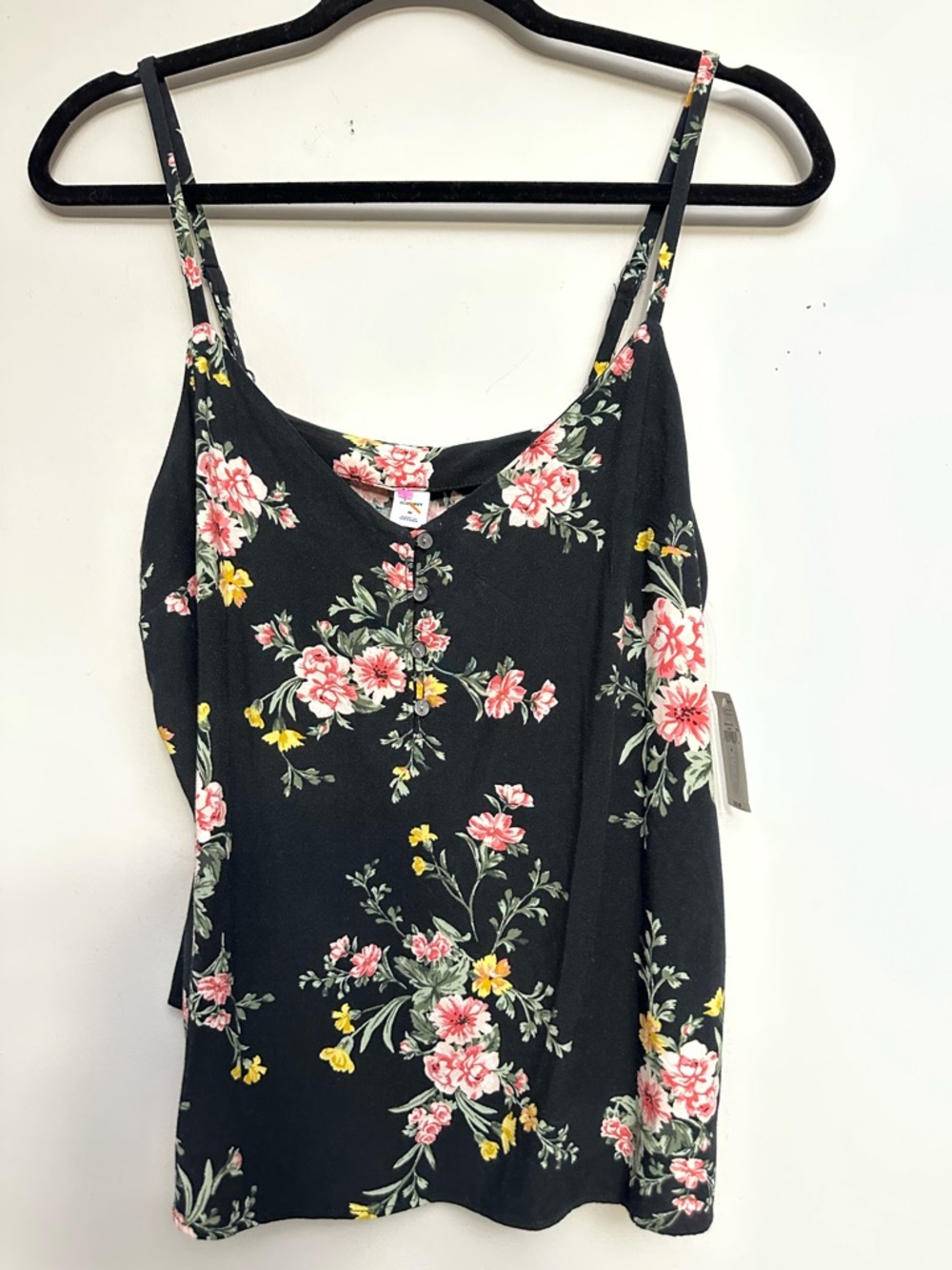 Floral V-Neck Spaghetti Strap Top - Black w/ Pink & Yellow Flowers, M - Picture 3 of 9